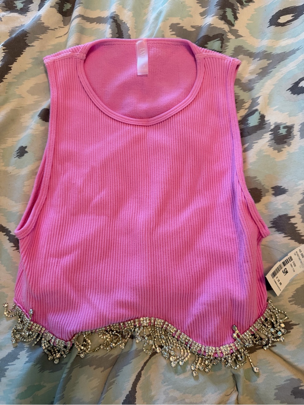 Ribbed Pink Crop Tank Top with Jeweled Fringe